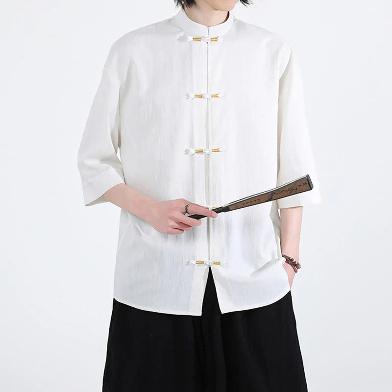 Buddha Stones Pure Color Frog-Button Half Sleeve Linen Men's Shirt