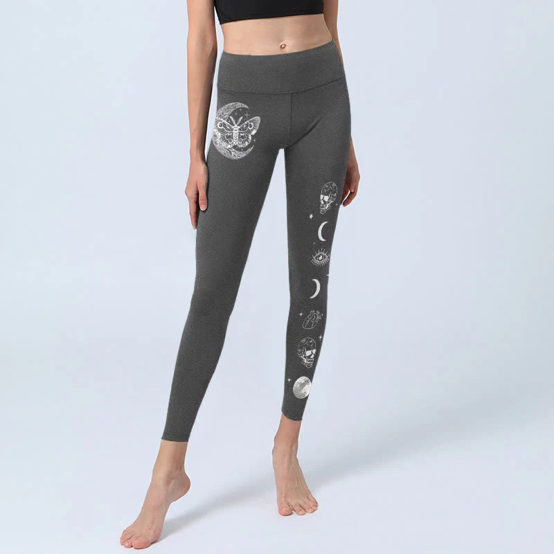 Buddha Stones Moon Moth Skull Design Gym Leggings Women's Yoga Pants