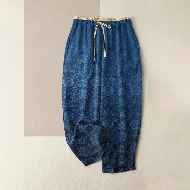 Buddha Stones Pure Cotton Retro Decorative Floral Pattern Women's Elastic Waist Pants With Pockets
