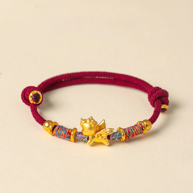 Buddha Stones Year of the Horse 999 Sterling Silver Plated Gold Braided String Rope Protection Bracelet