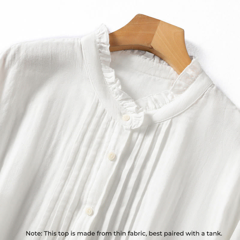 Buddha Stones White Ruffled Collar Long Sleeve Women's Cotton Shirt