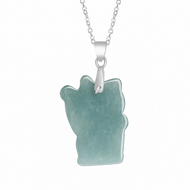 Buddha Stones Natural Jade Lucky Cat Abundance Titanium Steel Necklace Pendant