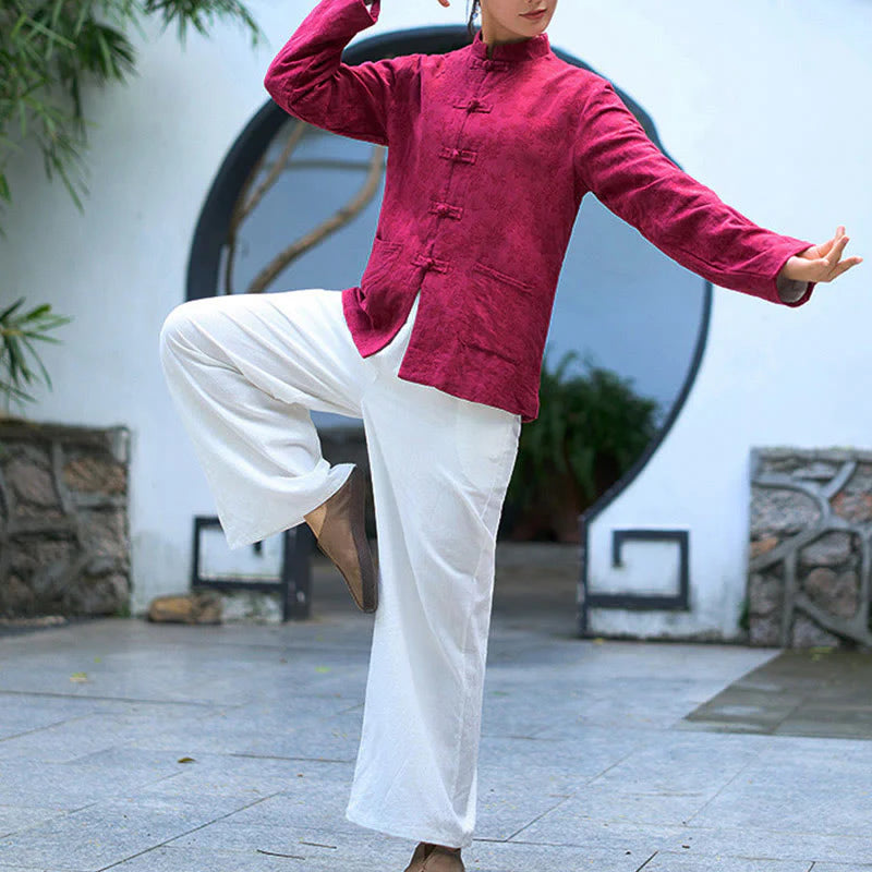 Buddha Stones Frog-Button Long Sleeve Cotton Jacquard Women's Shirt Pants With Pockets