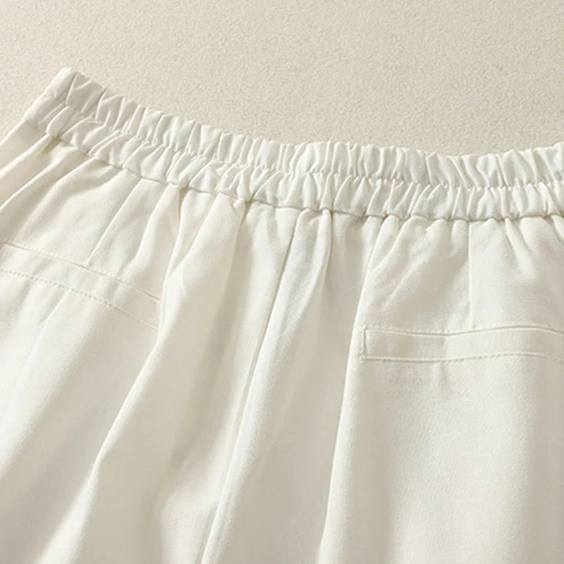 Buddha Stones Women's Embroidery Elastic Waistband Zipper Design Cotton Wide Leg Pants With Pockets