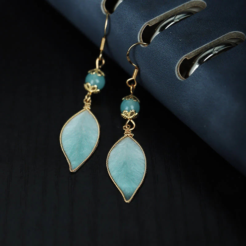 Buddha Stones Handmade Cyan Leaf Copper Plated Silver Hook Protection Drop Earrings