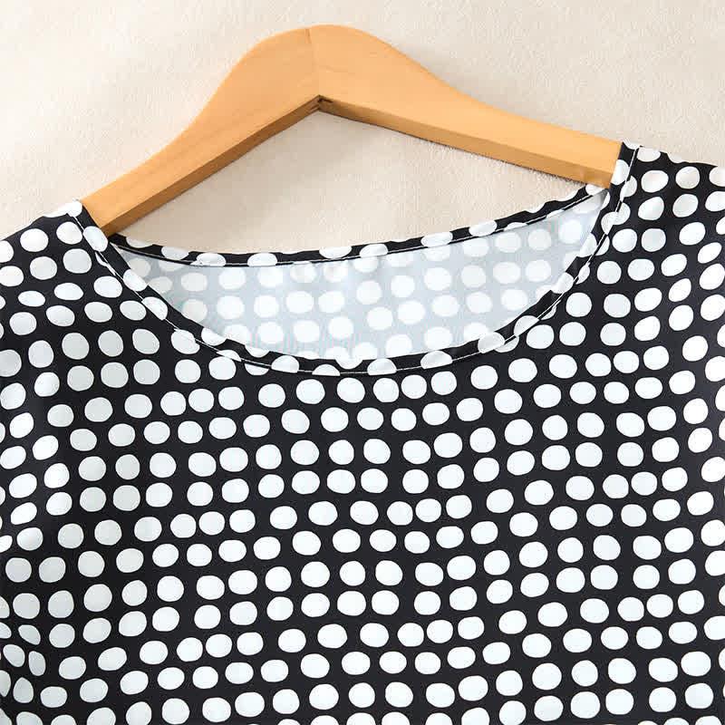 Buddha Stones Summer Elegant Polka Dot A Line Ruffle Hem Short Sleeve Knee Length Dress