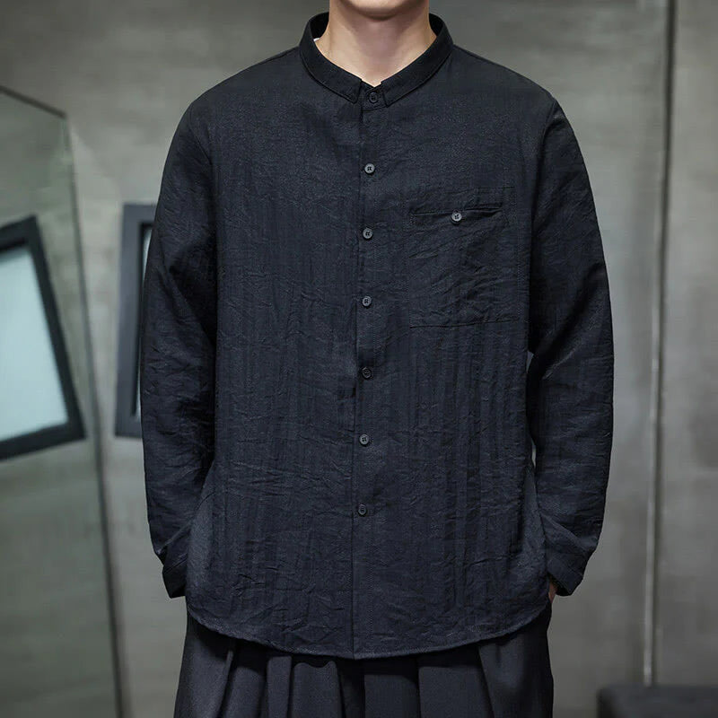 Buddha Stones Spring Men's Solid Color Buttons Design Long Sleeve Shirt