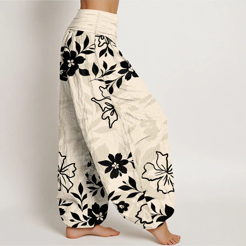 Buddha Stones Cotton Retro Simple Flowers Leaves Pattern Women's Elastic Waist Harem Pants