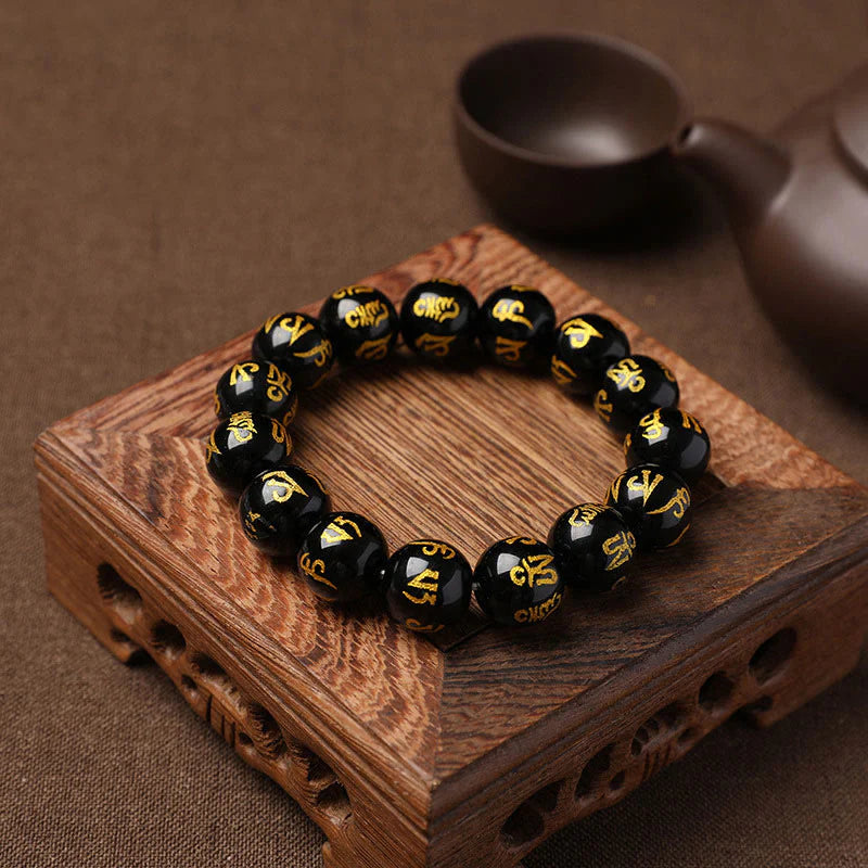 Buddha Stones Tibet White Crystal Black Onyx Om Mani Padme Hum Meditation Bracelet