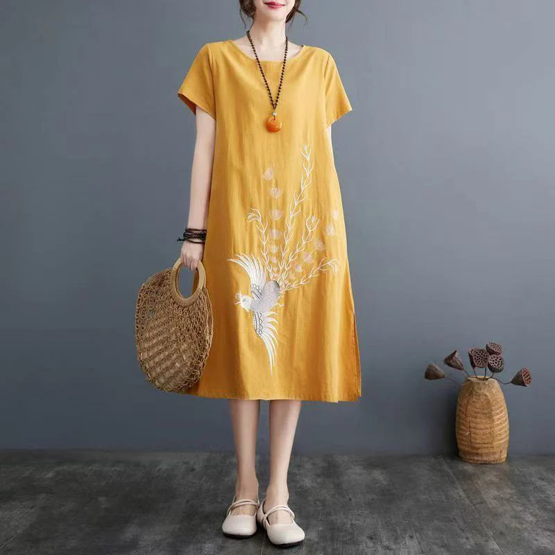Buddha Stones Summer Printing Phoenix Pattern Short Sleeve Cotton Linen Midi Dress