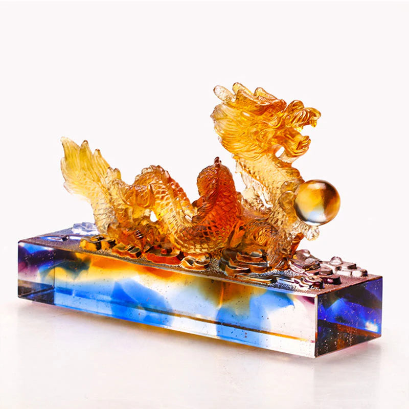 Buddha Stones Handmade Multicolored Dragon Liuli Crystal Art Piece Protection Home Office Decoration