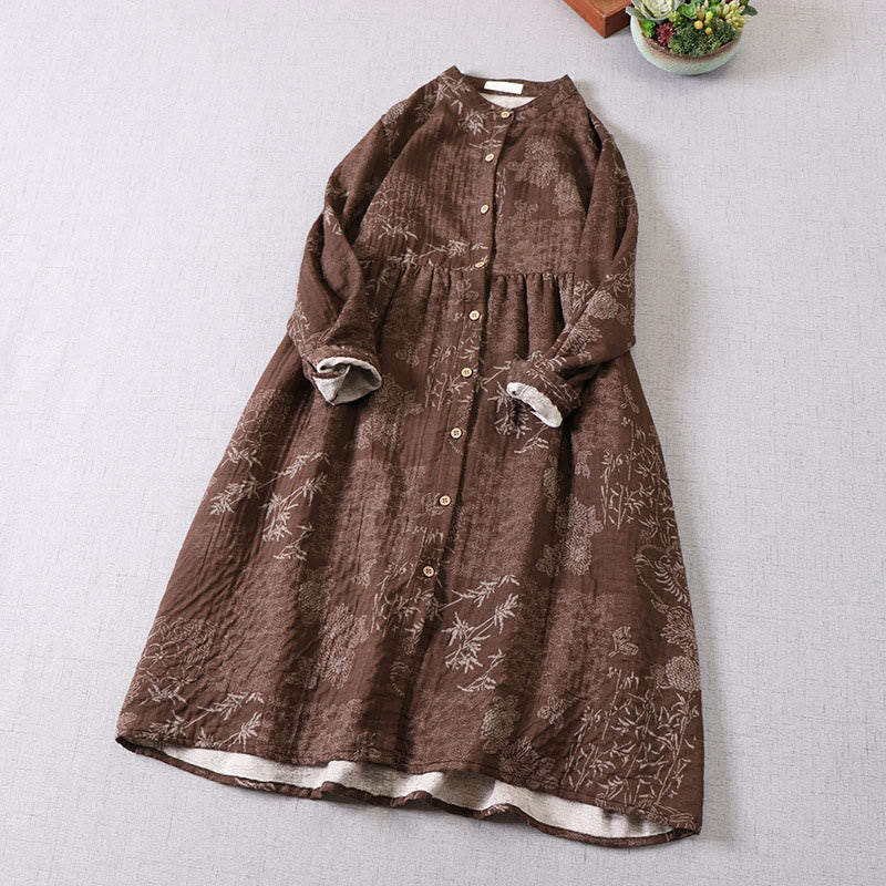 Buddha Stones Commute Bamboo Floral Pattern Long Sleeve Buttons Women's Cotton Midi Dress With Pockets