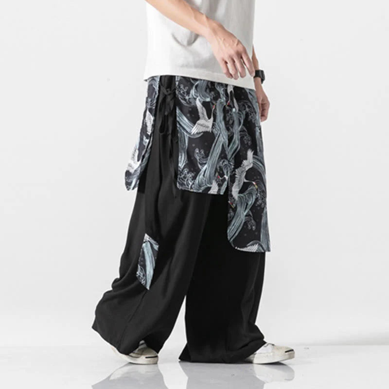 Buddha Stones Summer Flying Crane Design Cotton Men's Wide Leg Pants With Pockets