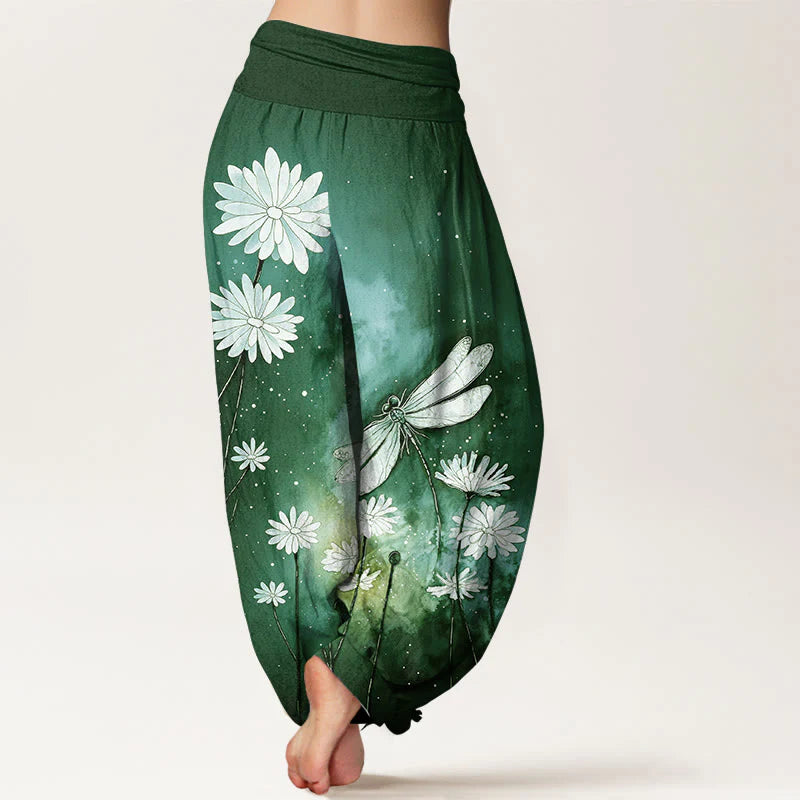 Buddha Stones Cotton Dreamy Daisy Dragonfly Pattern Women's Elastic Waist Harem Pants