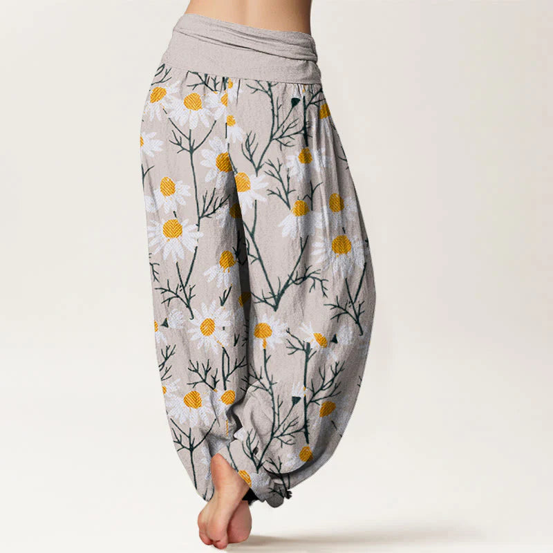 Buddha Stones Cotton White Petals Daisy Pattern Women's Elastic Waist Harem Pants