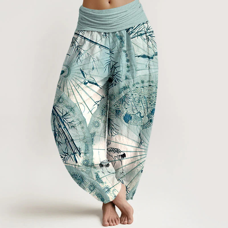 Buddha Stones Pure Cotton Umbrella Crane Bamboo Pattern Women's Elastic Waist Harem Pants