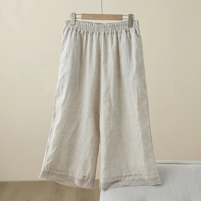 Buddha Stones Commute Retro Plain Lace Patchwork Design 7-8 Length Women's Wide Leg Cotton Pants With Pockets