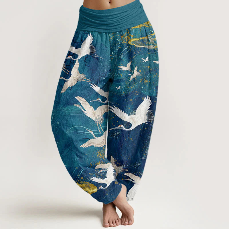 Buddha Stones Cotton Flying White Cranes Auspicious Clouds Design Women's Elastic Waist Harem Pants
