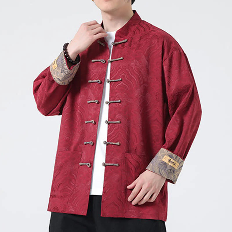 Buddha Stones Frog-Button Mountain Wave Pattern Long Sleeve Men's Cotton Jacket With Pockets