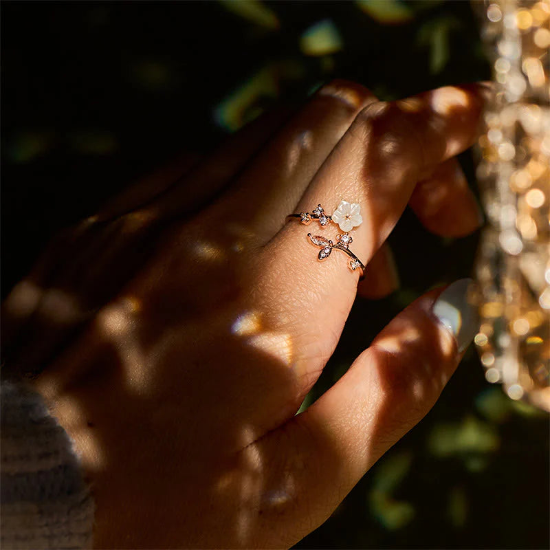 Buddha Stones White Flower Design Adjustable Healing Copper Ring
