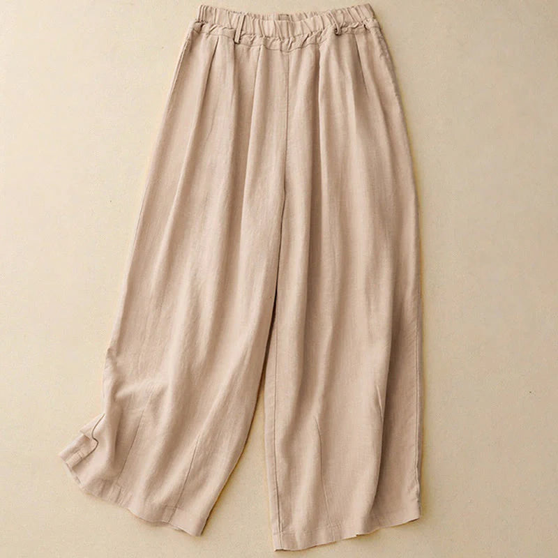 Buddha Stones Commute Vintage Solid Color Women's Wide Leg Cotton Pants With Pockets