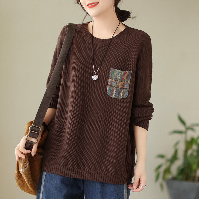 Buddha Stones Fall Floral Decorative Pocket Pattern Knitted Cotton Women's Long Sleeve Sweater