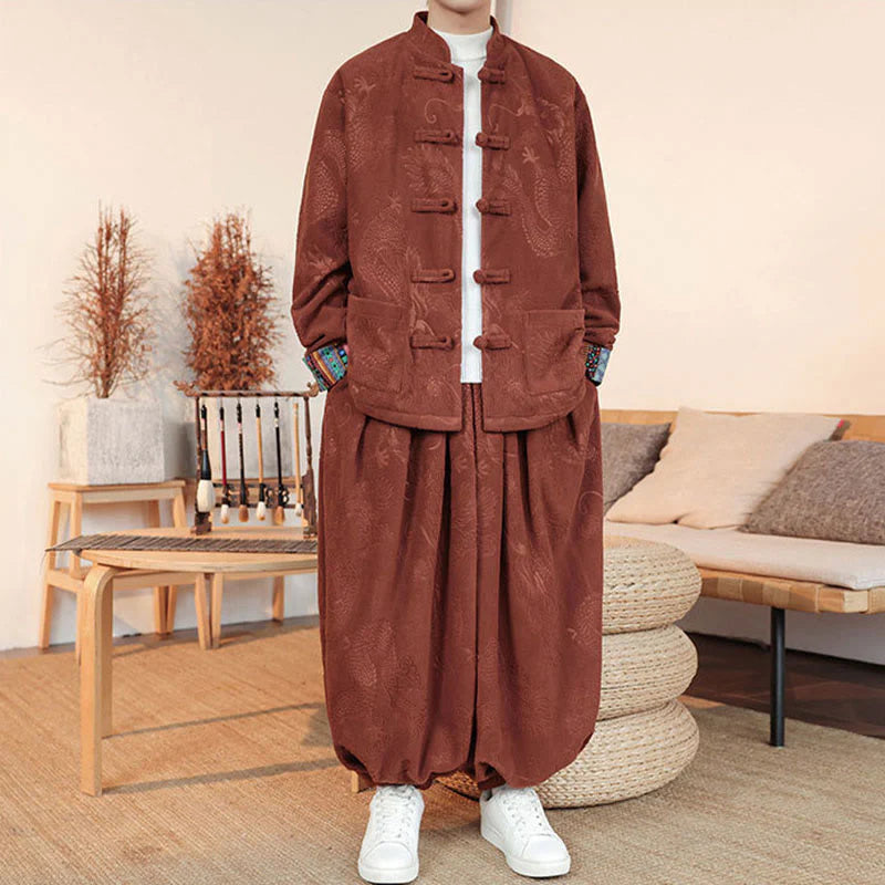 Buddha Stones 2Pcs Fall Winter Men's Tang Suit Dragon Frog-Button Cotton Long Sleeve Jacket Pants Set