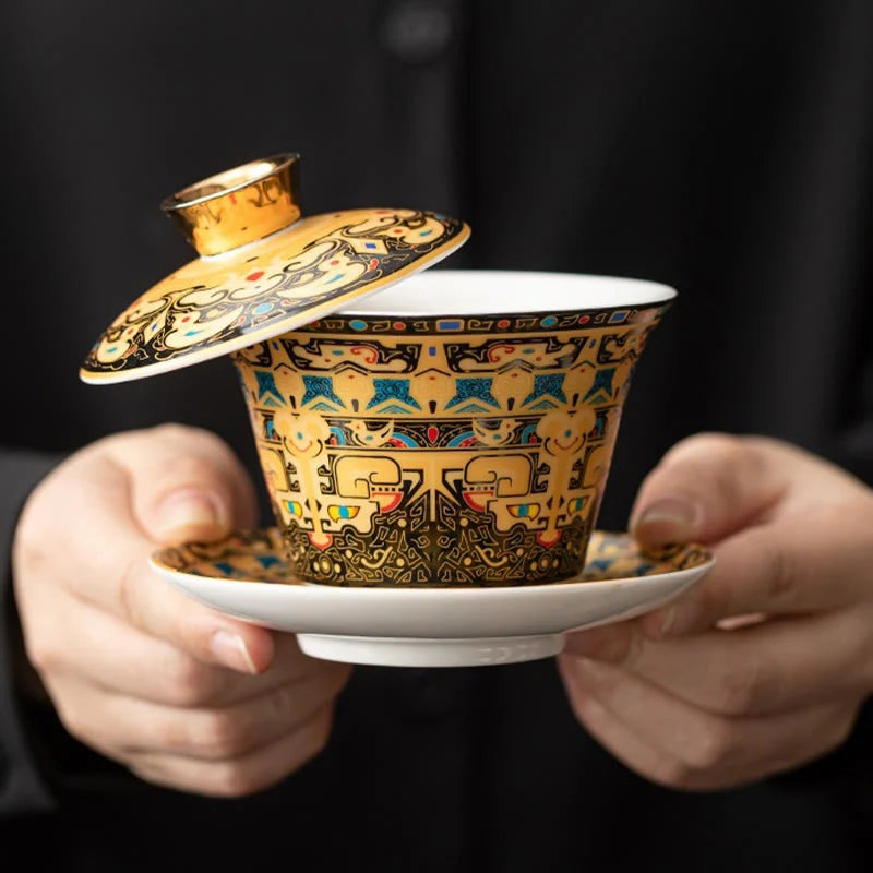 Buddha Stones Thangka Dragon Buddhas Dunhuang Ceramic Gaiwan Sancai Kung Fu Tea Cup And Saucer With Lid Gift Box 180ml