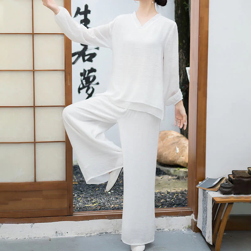Buddha Stones 2Pcs White Long Sleeve V-Neck Shirt Wide Leg Pants Meditation Women's Set