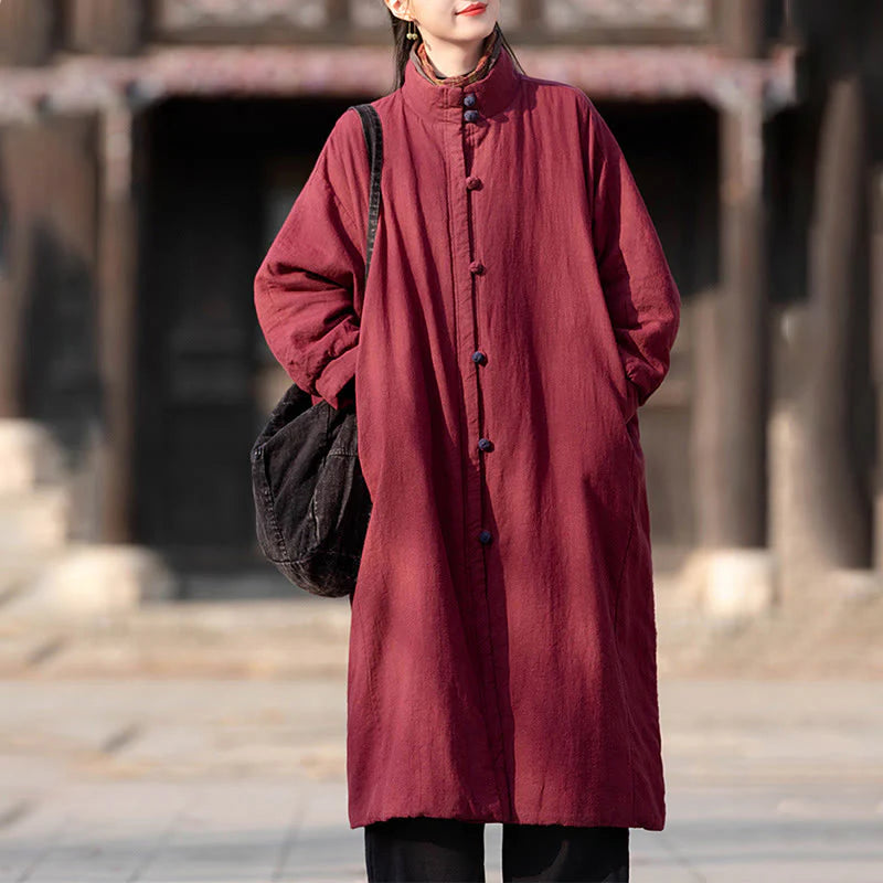 Buddha Stones Winter Solid Frog-Button Ramie Cotton Women's Long Sleeve Thermal Coat With Pockets