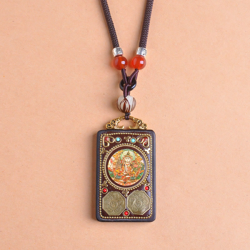 Buddha Stones Thangka Yin Yang Copper Coins Ebony Wood Zakiram Balance Pendant Necklace