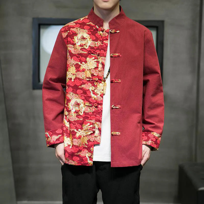 Buddha Stones Printed Color Contrast Dragon Pattern Frog-button Long Sleeve Men's Cotton Jacket