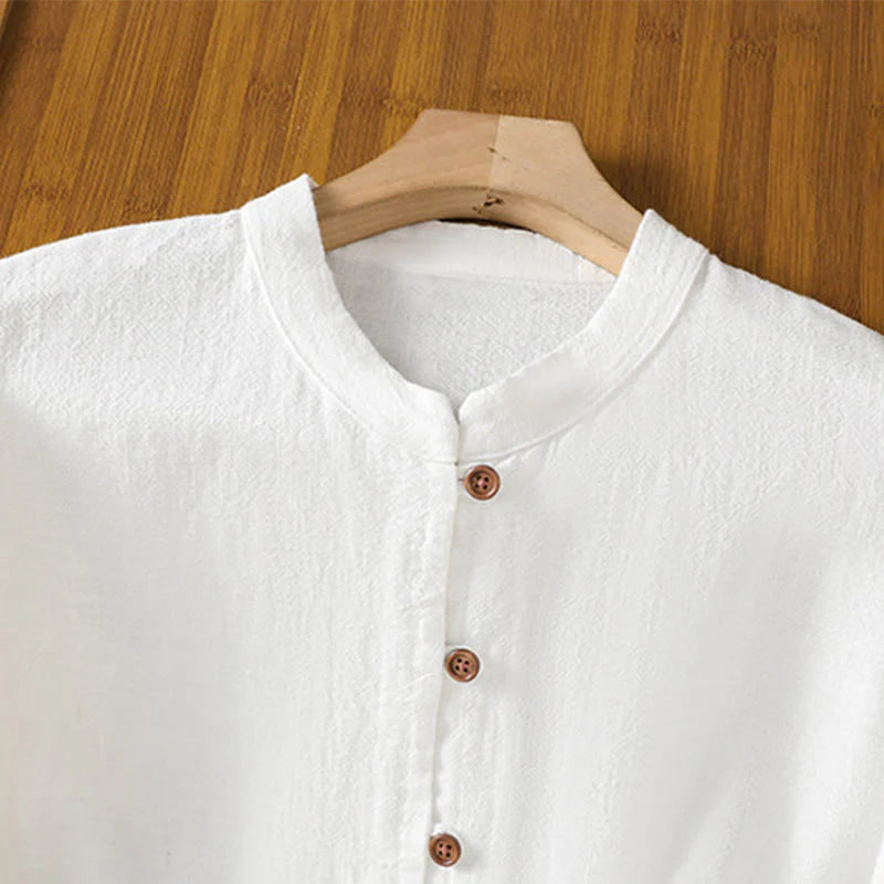 Buddha Stones Spring Solid Color Simple Hem Slit Design Cotton Linen Women's Shirt