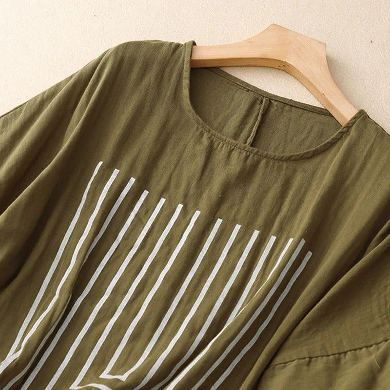 Buddha Stones Casual Line Printing Pattern Short Sleeve Cotton Linen Women's T-Shirt