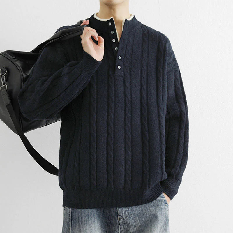 Buddha Stones Winter V-Neck Buttons Twisted Design Warm Men's Long Sleeve Knitted Sweater