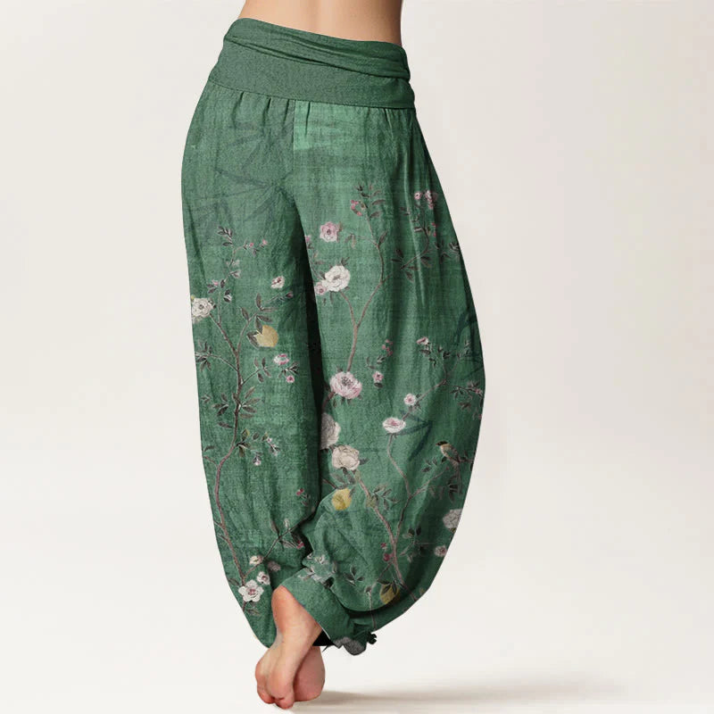 Buddha Stones Pure Cotton Pink White Flowers Bamboo Leaves Fruits Design Women's Elastic Waist Harem Pants