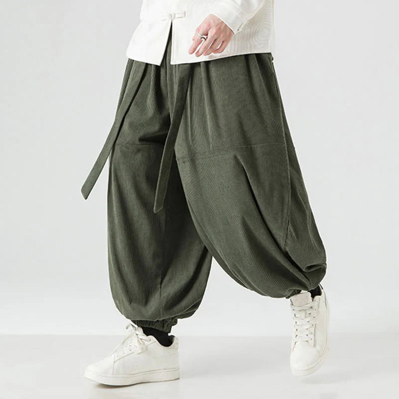 Buddha Stones Winter Solid Color Men's Harem Pure Cotton Corduroy Pants With Pockets