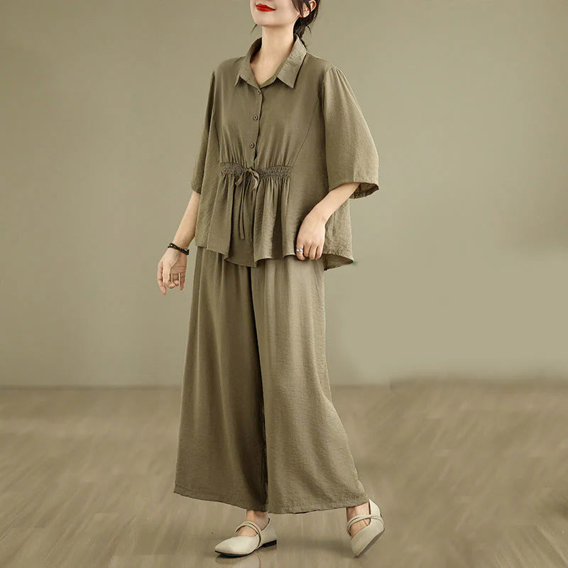 Buddha Stones 2pcs Casual Women's Stand Collar Shirt Loose Pants Meditation Clothing Set