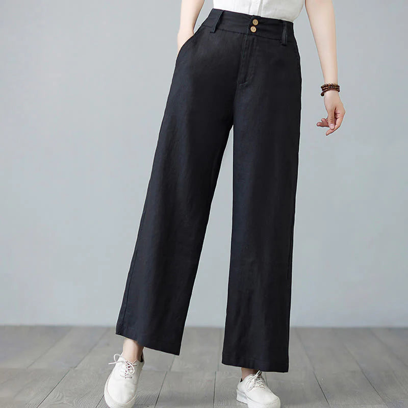 Buddha Stones Daily Solid Color Patchwork Simple Design Cotton Linen Women's Pants With Pockets