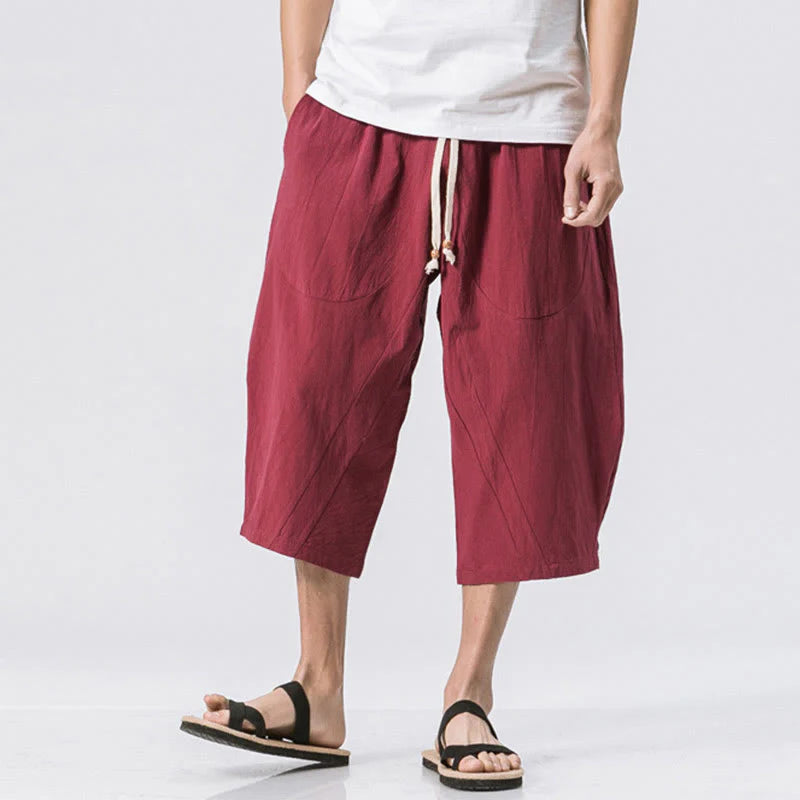 Buddha Stones Summer Casual Simple Plain Design 7-8 Length Men's Drawstring Pants With Pockets
