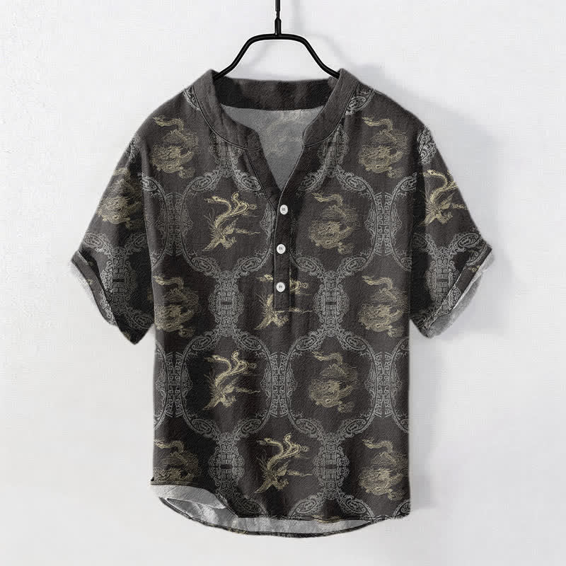 Buddha Stones Cotton Dragon Phoenix Emblem Men's Short Sleeve Half Button Shirt