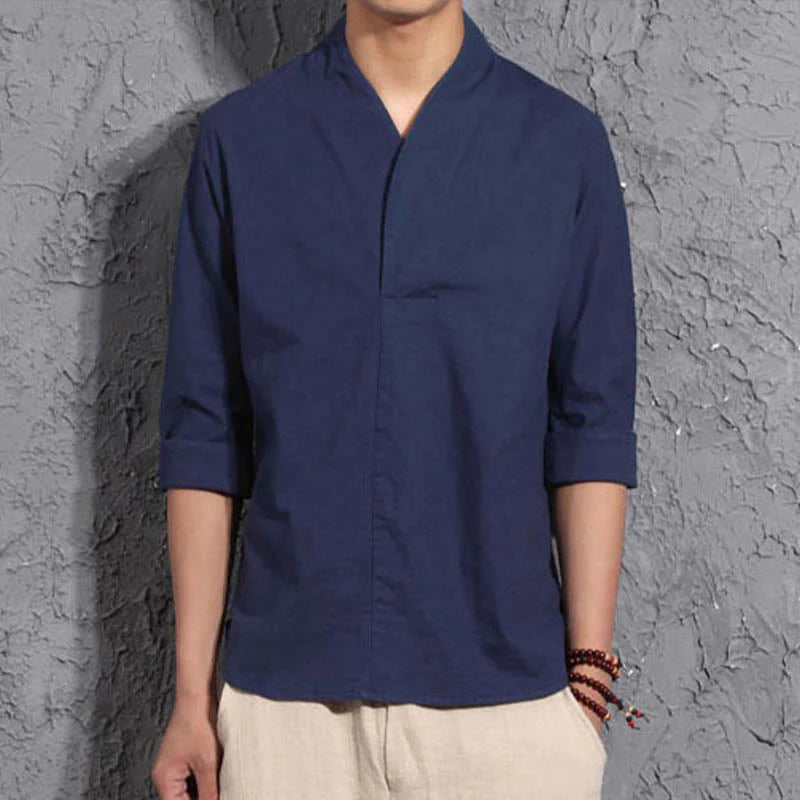 Buddha Stones Casual V-Neck Three Quarter Sleeve Shirt Men Clothing