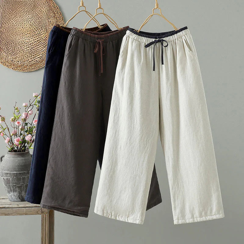 Buddha Stones Winter Contrasting Drawstring Cotton Linen Women's Wide Leg Pants With Pockets