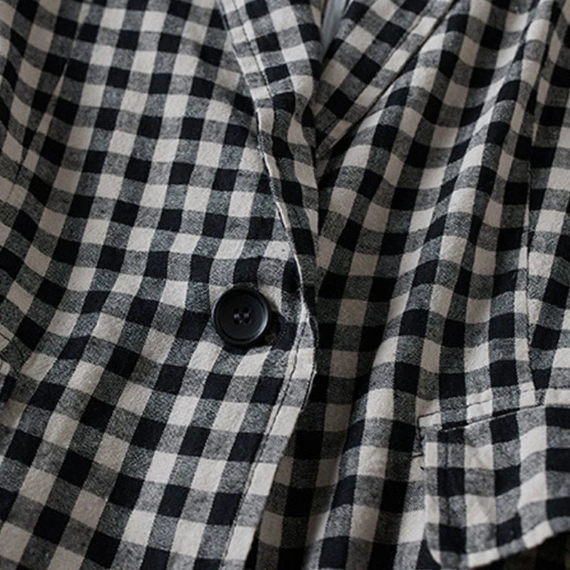 Buddha Stones Commute Plaid Pattern Women's Cotton Lapel Long Sleeve Jacket With Pockets