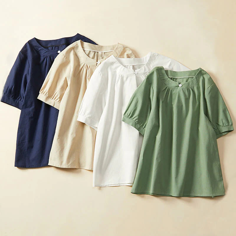 Buddha Stones Casual Plain Button Women's Short Sleeve Cotton Linen T-shirt
