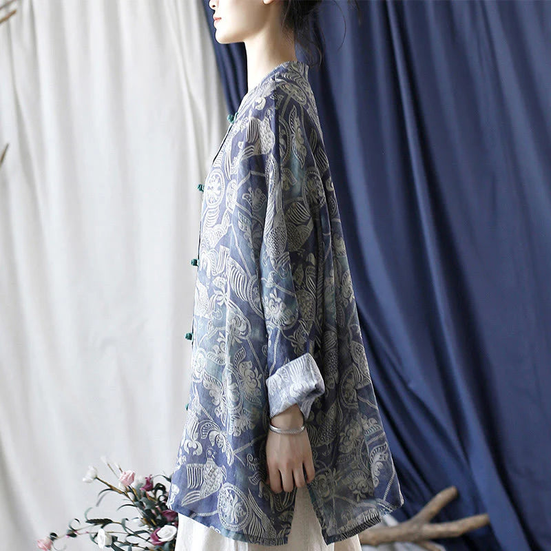 Buddha Stones Birds Flowers Geometry Frog-Button Long Sleeve Ramie Linen Jacket Shirt