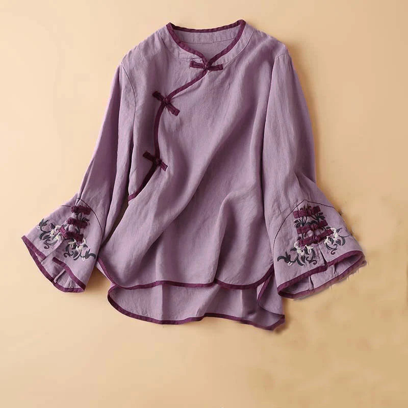 Buddha Stones Retro Flower Embroidery Design Long Sleeve Cotton Linen Women's Shirt
