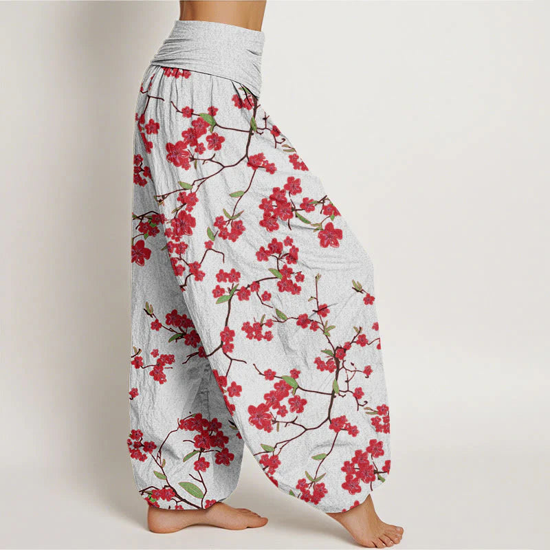 Buddha Stones Cotton Red Peach Blossom Pattern Women's Elastic Waist Harem Pants