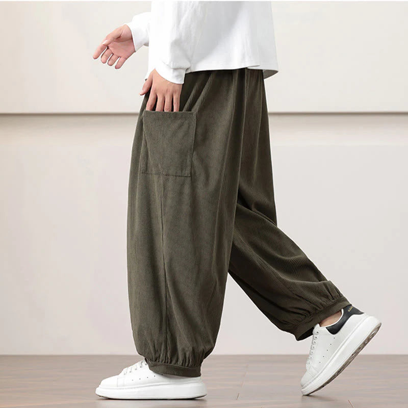 Buddha Stones Solid Color Corduroy Drawstring Men's Harem Pants With Pockets