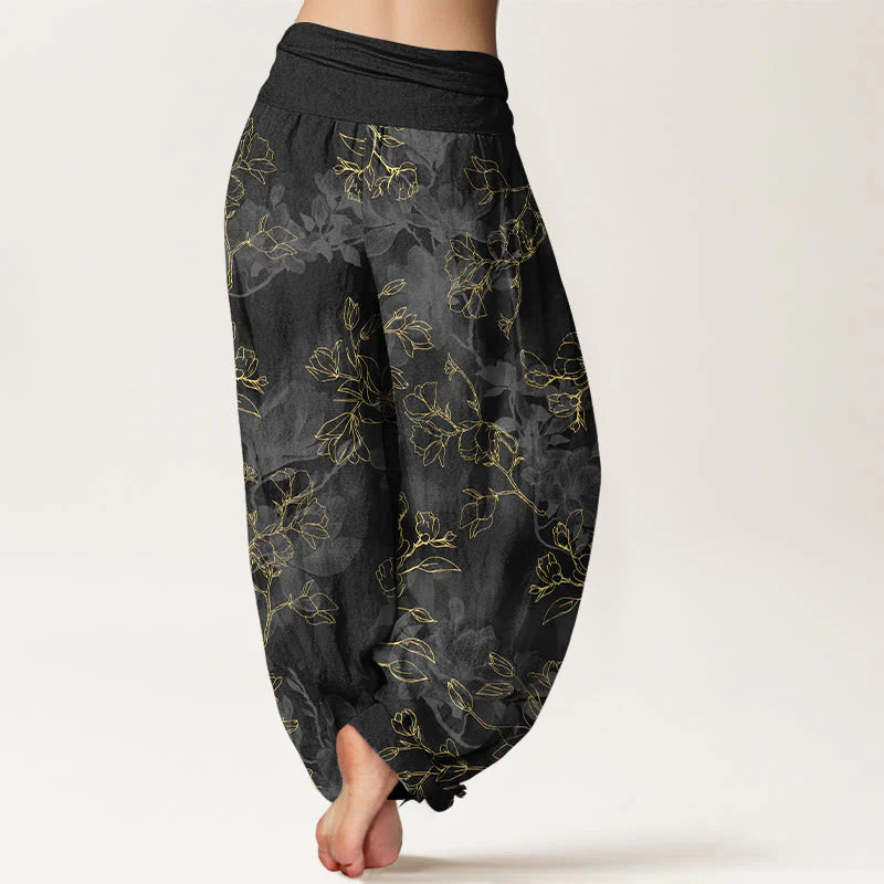 Buddha Stones Cotton Fresh Flower Bud Pattern Women's Elastic Waist Harem Pants